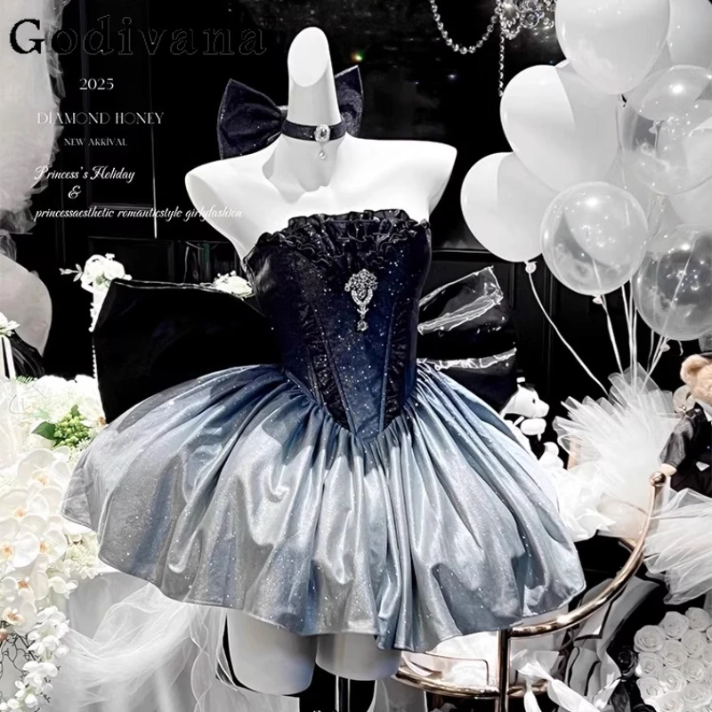 Vestido dulce estilo Lolita para mujer, vestido corto sin cuello para ceremonia, fiesta de cumpleaños, vestido de banquete de línea A sin mangas para mujer