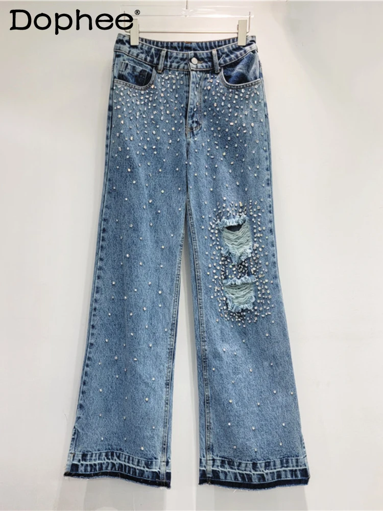 

European Goods Diamond-Embedded Mop Jeans Women Street Hipster Ripped Trousers Autumn New High Waist All-Matching Wide-Leg Pants