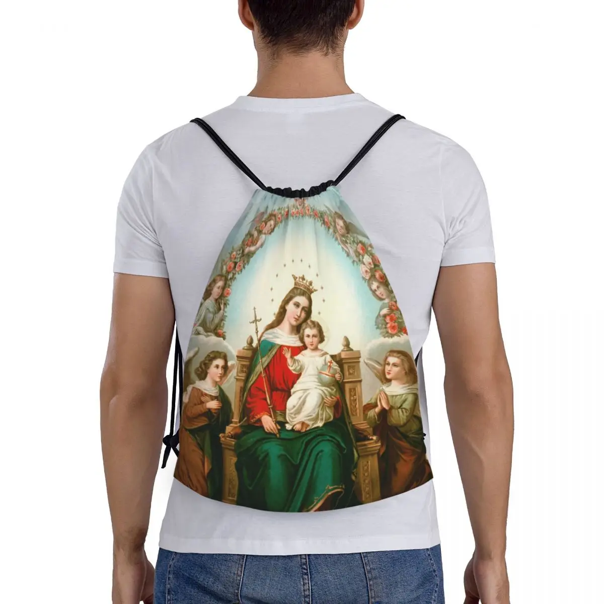 Mochila personalizada de la Virgen María con cordón para hombre y mujer, bolsa ligera católica y cristiana para gimnasio, saco deportivo para ir de compras