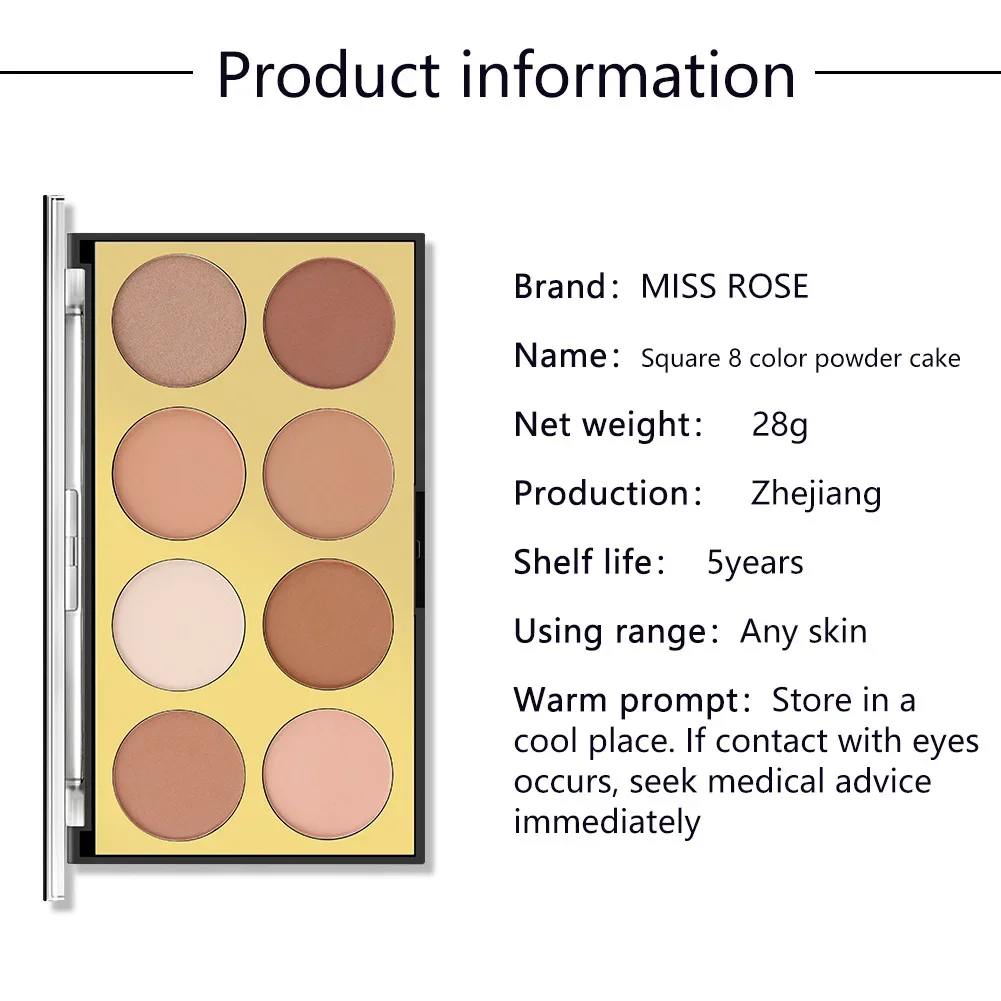 عالية الجودة ملكة جمال الورد 8 ألوان الطبيعية إنهاء الوجه ضغط لوحة البودرة ماكياج تحديد التغطية تسليط الضوء على لوحة مسحوق كونتور