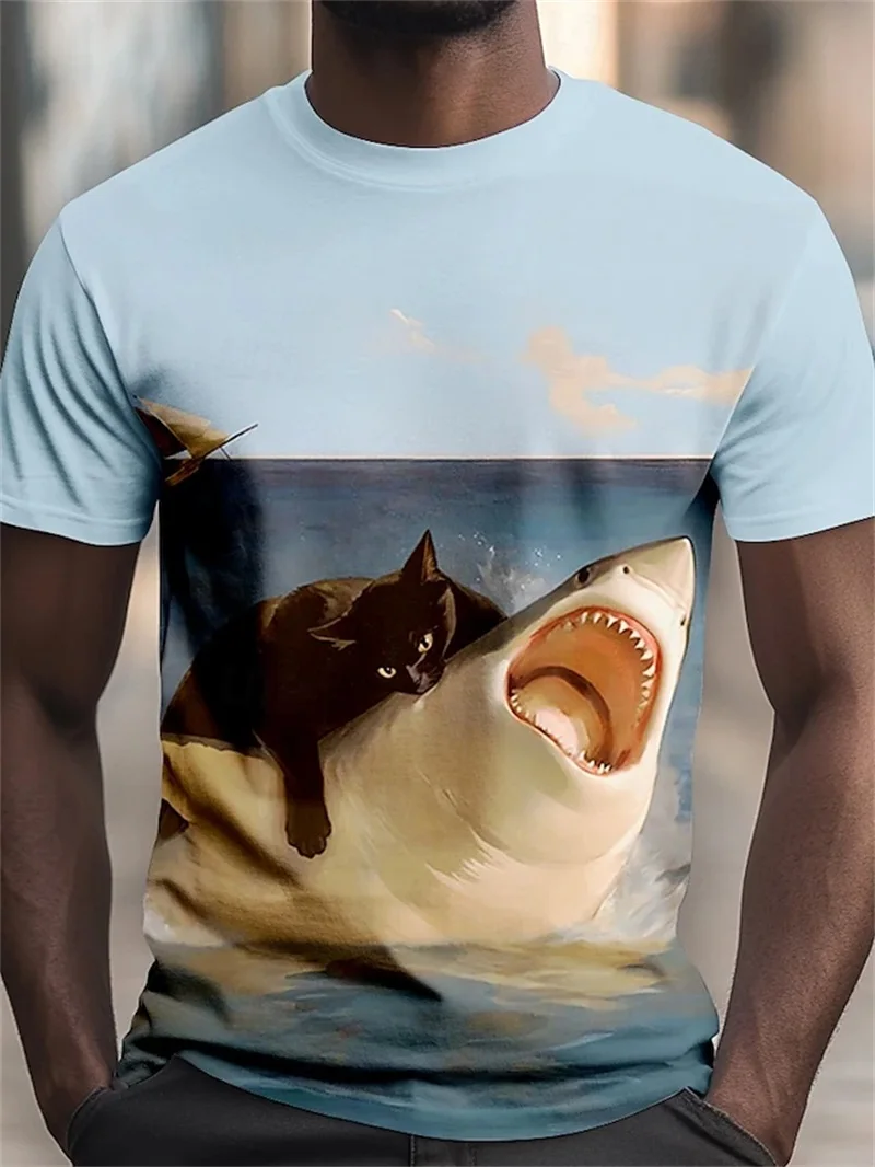 Men\'s Funny Cat And Shark T Shirt Tops 3D Print Short Sleeve Crew Neck Animal Tee Shirts New In Oversized T Shirts Clothes