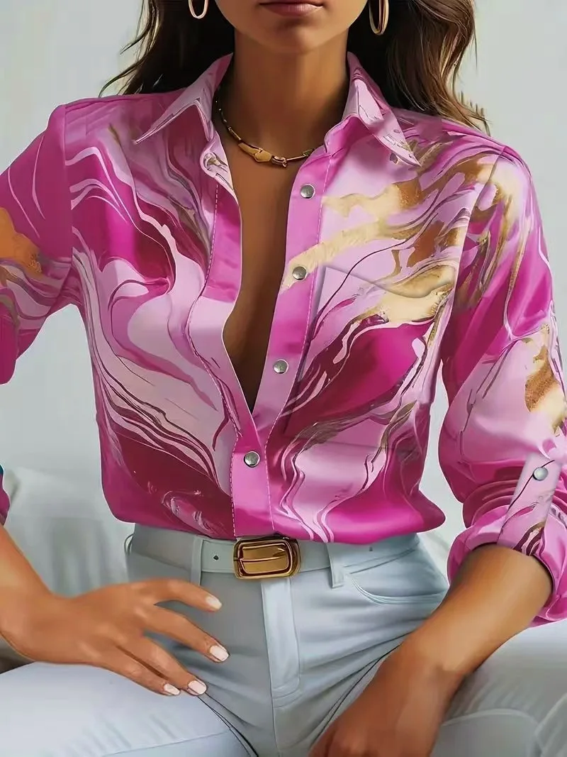 

Spring Summer Fashion Casual Loose Button Printed Shirt Tops 2025 For Women Lapel Long Sleeve Office Lady Blouses Top skirt