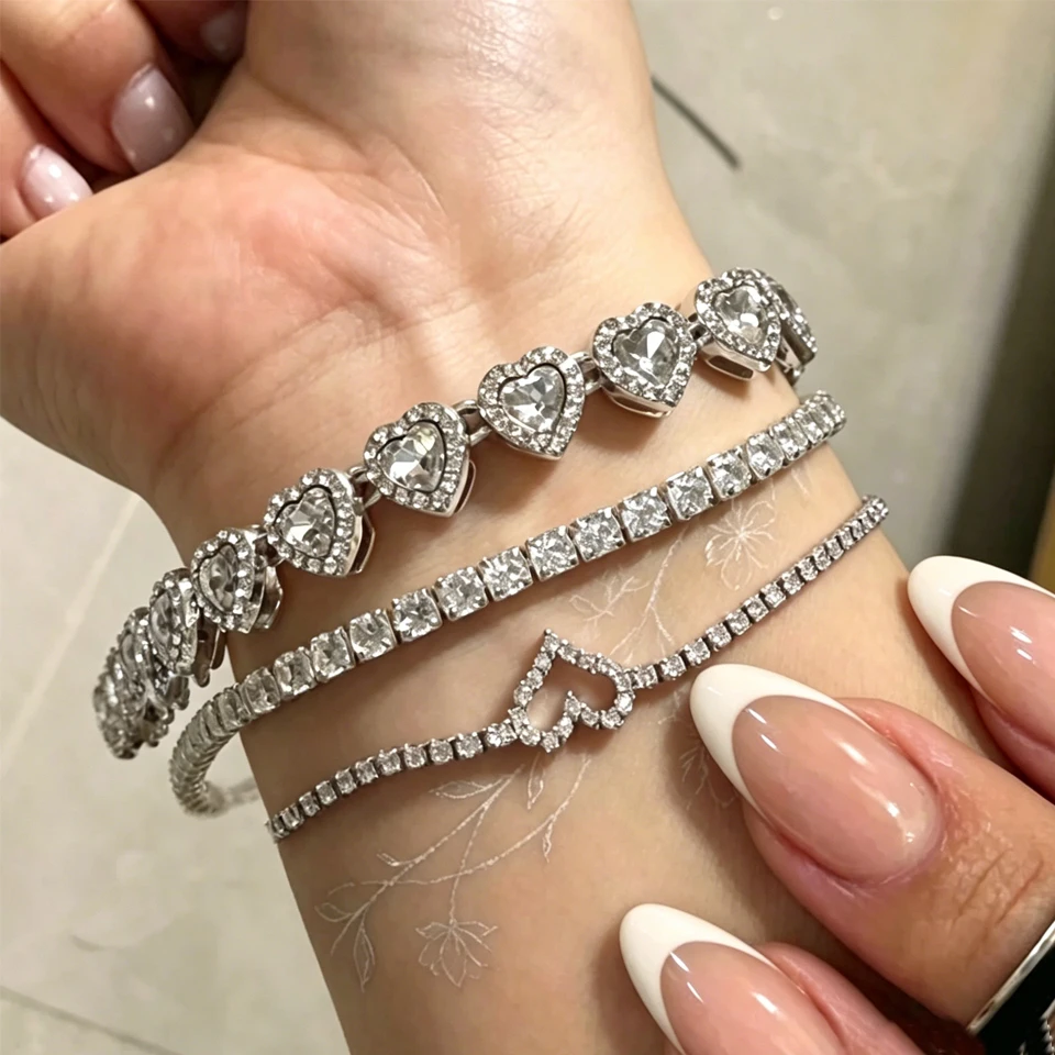 Yupsk 1/3 Stück Silberfarbene Funkelnde Zirkon-Strass Herz-Tennisarmbänder Edelstahl-Armreifen Modeschmuck – Detail 5