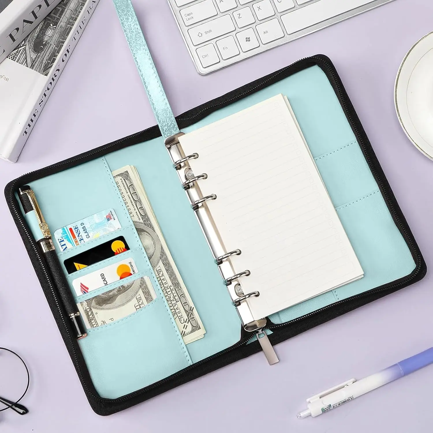 حافظة ميزانية A6 مع سحاب، غطاء مخطط قابل لإعادة الملء مكون من 6 حلقات لنظام الميزانية النقدية مقاس A6، منظم شخصي من جلد البولي يوريثان #5