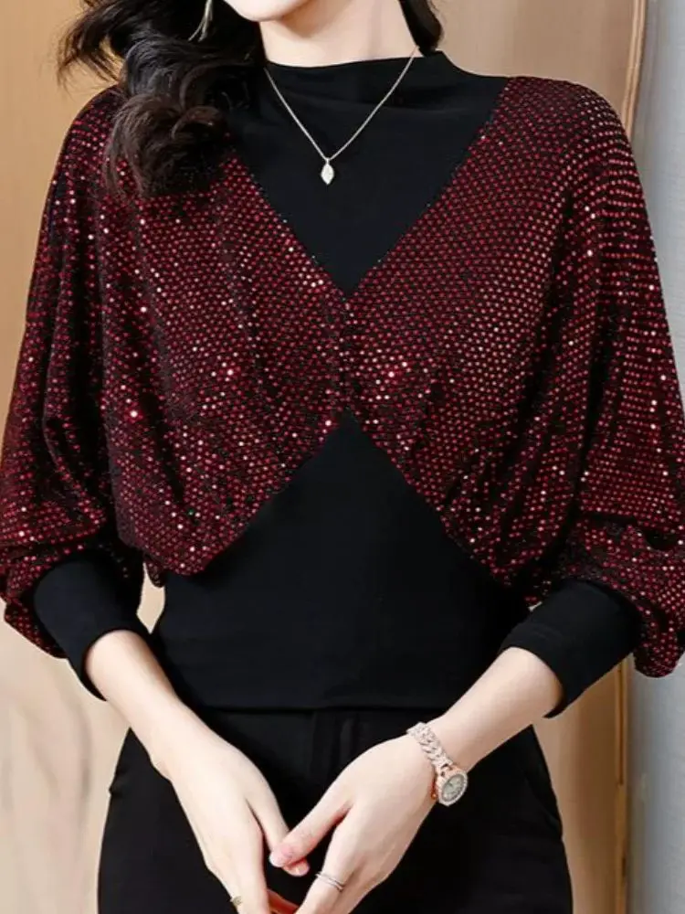 Women Full Batwing Sleeve Bling T-shirts Female Autumn Casual Fashion Connected One-Piece T Shirt M-4XL