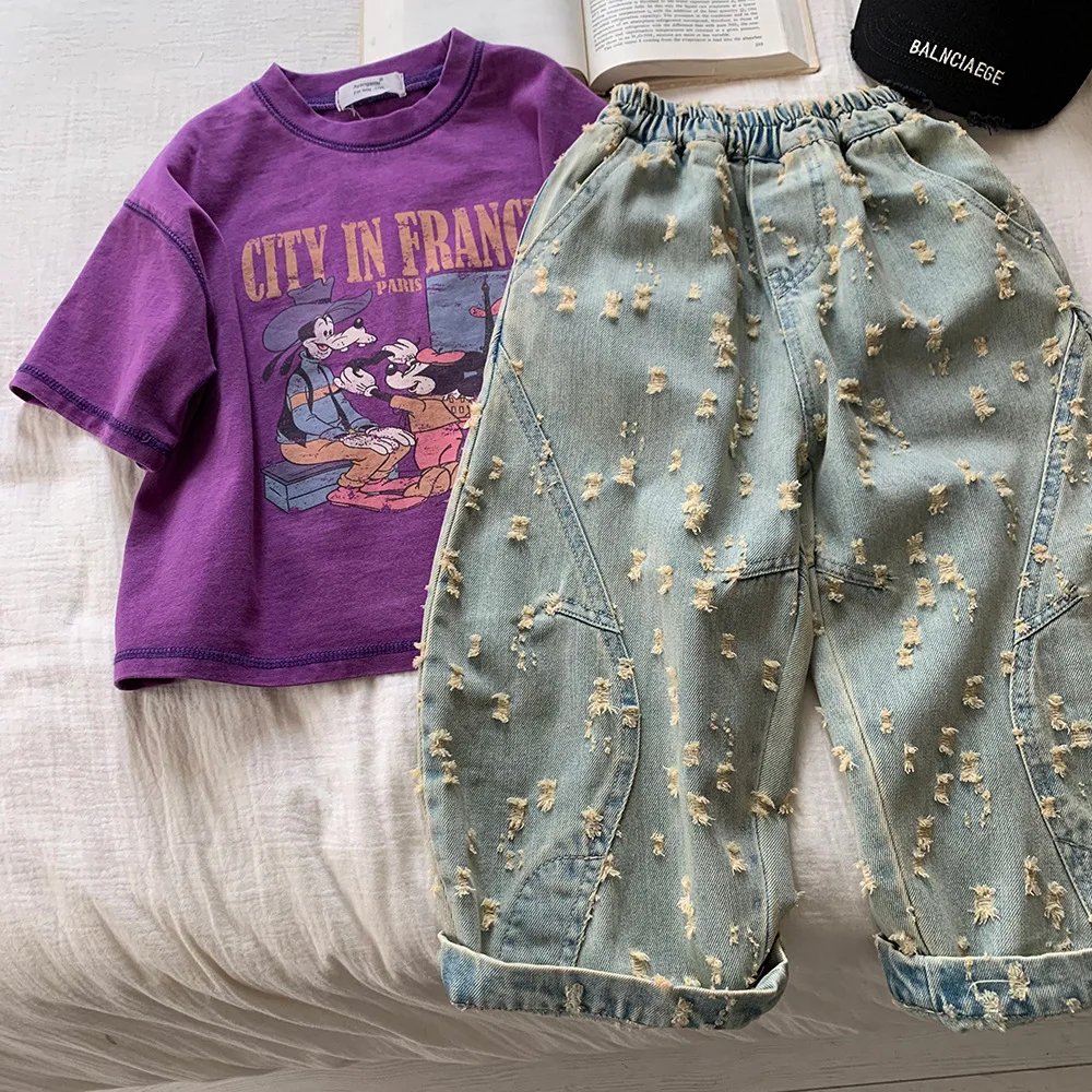 بنطلون جينز فضفاض بتصميم متعثر للأولاد والأطفال، شخصية عصرية ومريحة، كاجوال كورية متطابقة تمامًا