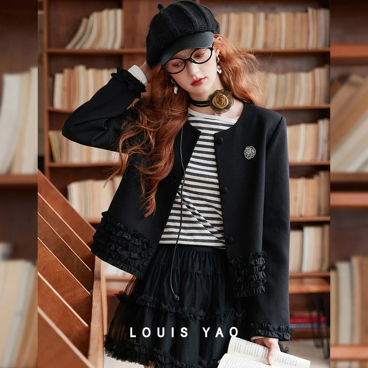 LOUIS YAO Splicing Mushroom Edge Coat 25 Autumn Round Neck Elegant Fashionable Design Detachable Brooch Cardigan