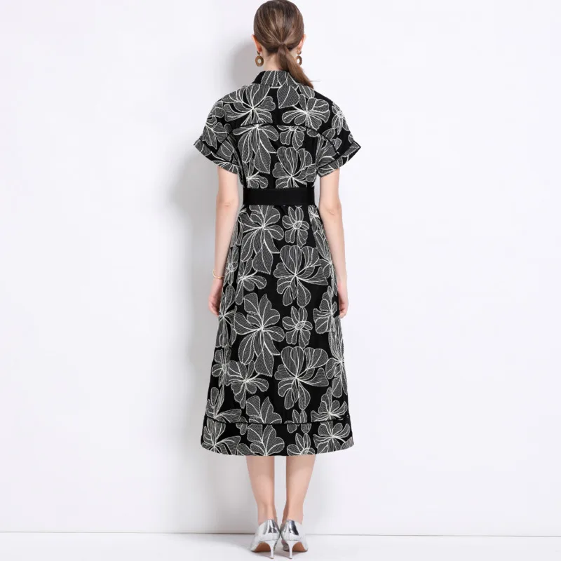 HKSH صيف جديد المرأة الفرنسية مزاجه أنيقة Ins بدوره إلى أسفل طوق مطبوعة الخصر Cinching واحدة الصدر فستان طويل HK6334