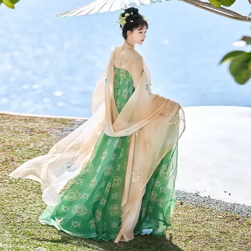 ชุดคอสเพลย์งานปาร์ตี้ ชุดเต้นรำ ชุดฮันฝูใหม่ปี 2025 ชุดฮันฝูผู้หญิงสไตล์จีนโบราณ สีเขียว น้ำเงิน ส้ม