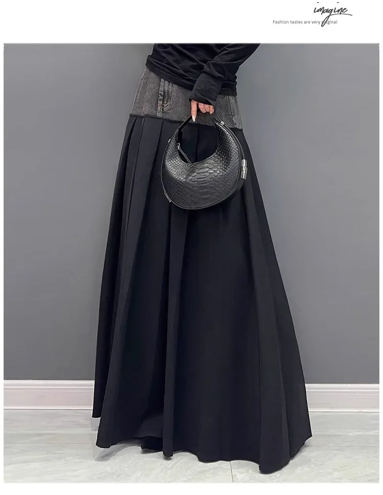 Y2k Pleated Skirt Women Long Skirts Denim Patchwork High Waist Washed Distressed Vintage Floor Length 2025 Streetwear A Line