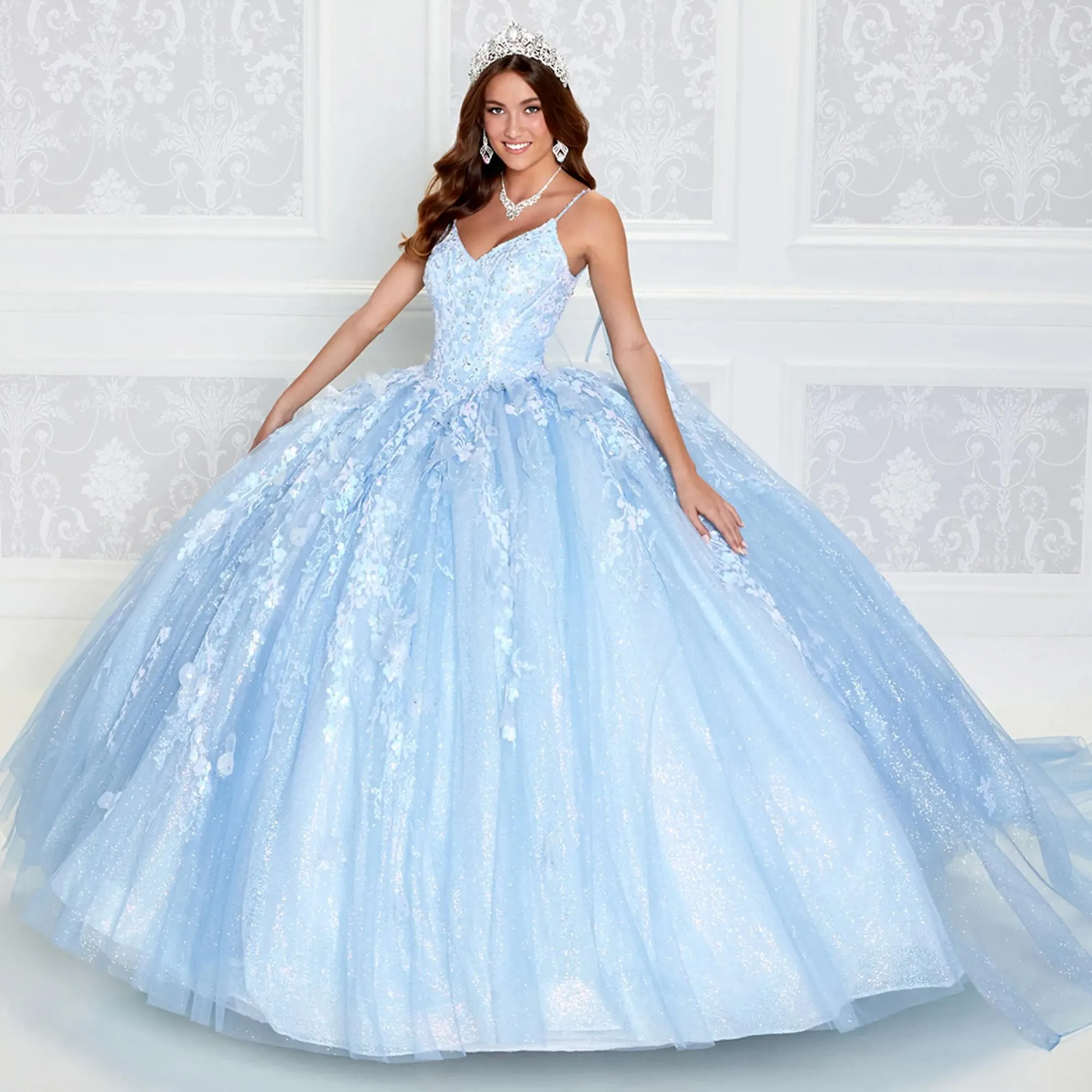 Sky Blue Quinceanera Dresses Ball Gown Spaghetti Straps Tulle Appliques Puffy Mexican Sweet 16 Dresses Charro 15 Anos Customized