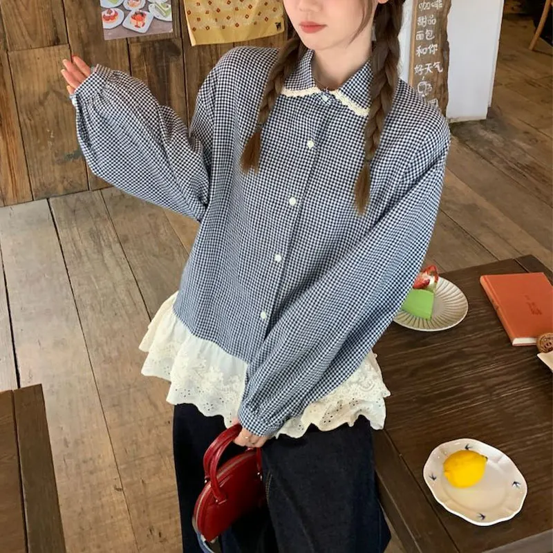 

Sweet Stylish Lace Splicing Shirts New Spring Autumn Peter Pan Collar Female Clothing Plaid Vintage Loose Long-sleeved Blouse