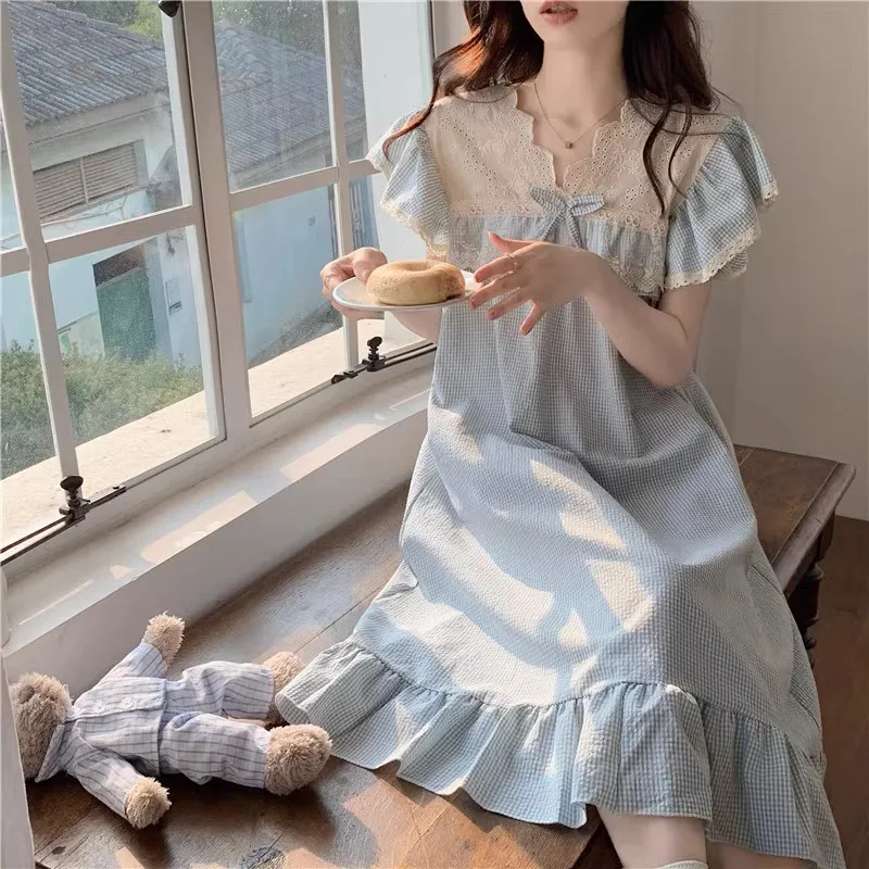 Korean Embroidery Lace Patchwork Summer Pajamas Set Women Ruffles Casual Pink Plaid Shirts + Shorts Loose Sweet Sleepwear Bow