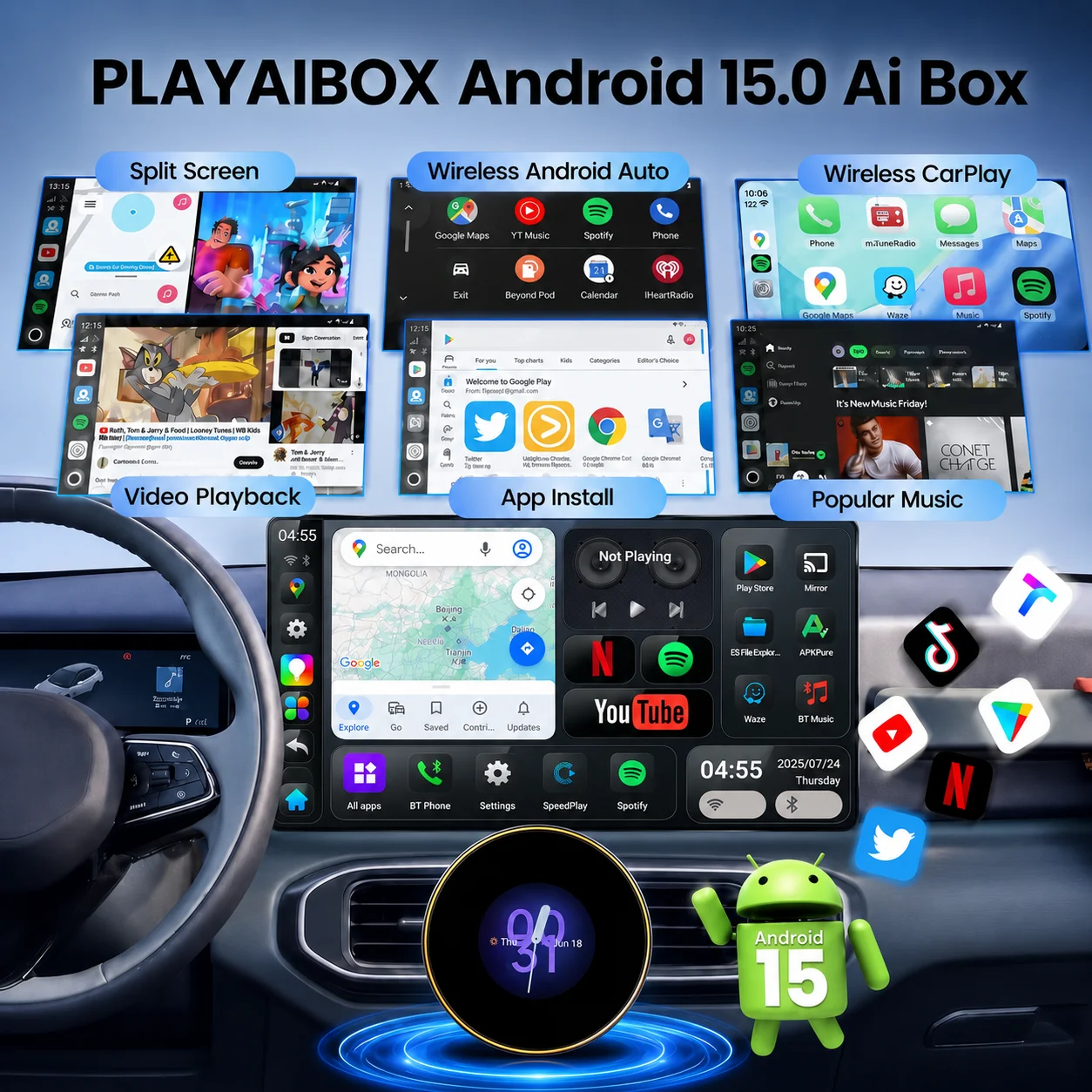 PLAYAIBOX CarPlay Tv Box Android 15 Ultra CarPlay Ai Box Android Auto Wireless Adapter GPS QCM6350 5G LTE For Youtube Netflix view 5