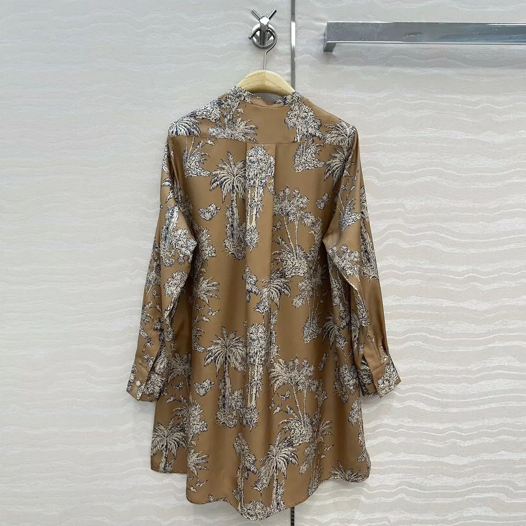 2025 nuevo otoño Vintage estampado de árbol de coco mariposa 100% Camisa larga de seda mujeres cuello redondo manga larga blusa Casual suelta Tops
