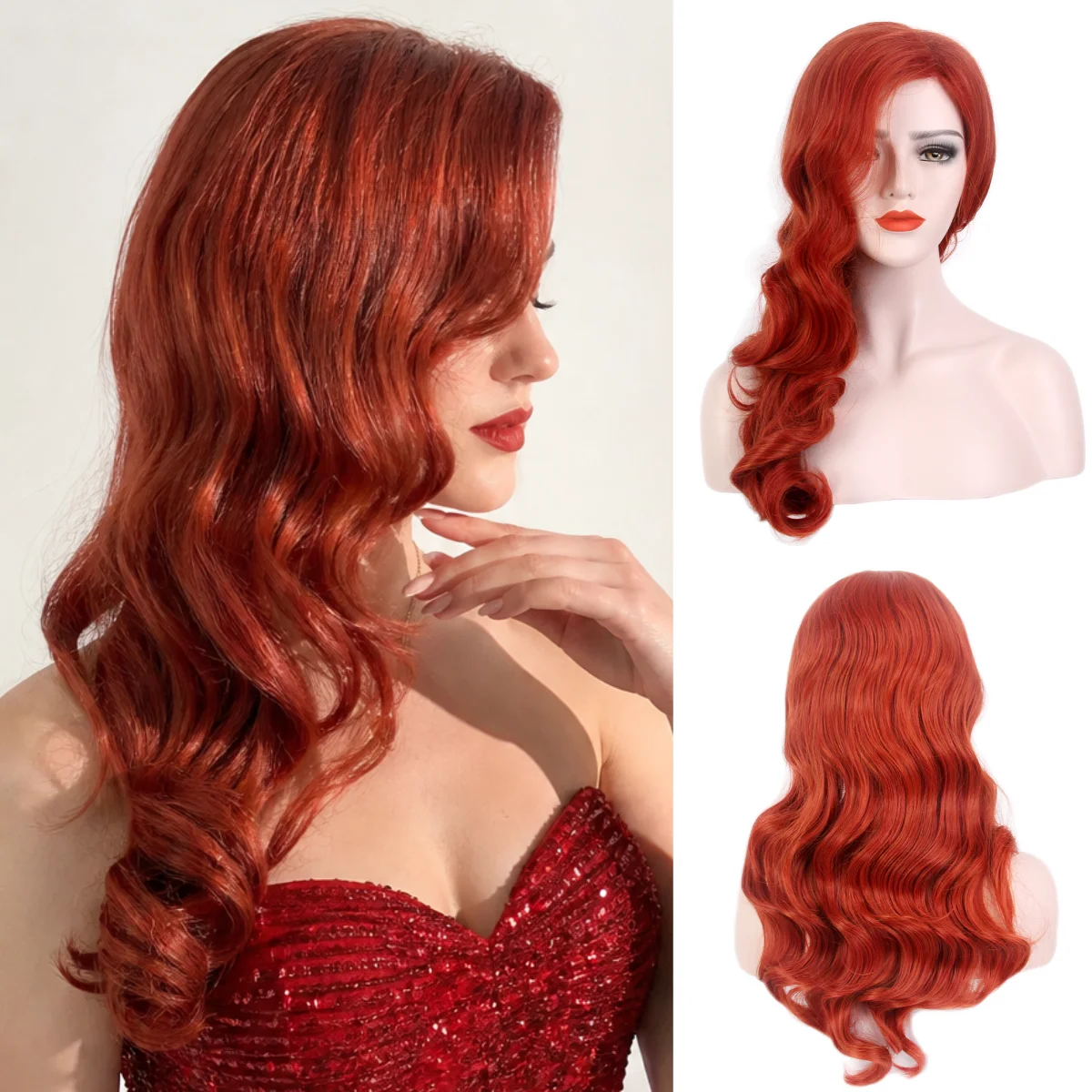 REEWES 26inch Reddish Brown Long Water Wave Wig Jessica Rabbit Synthetic Hair for Women Halloween Cosplay Daily Party Anime Wig