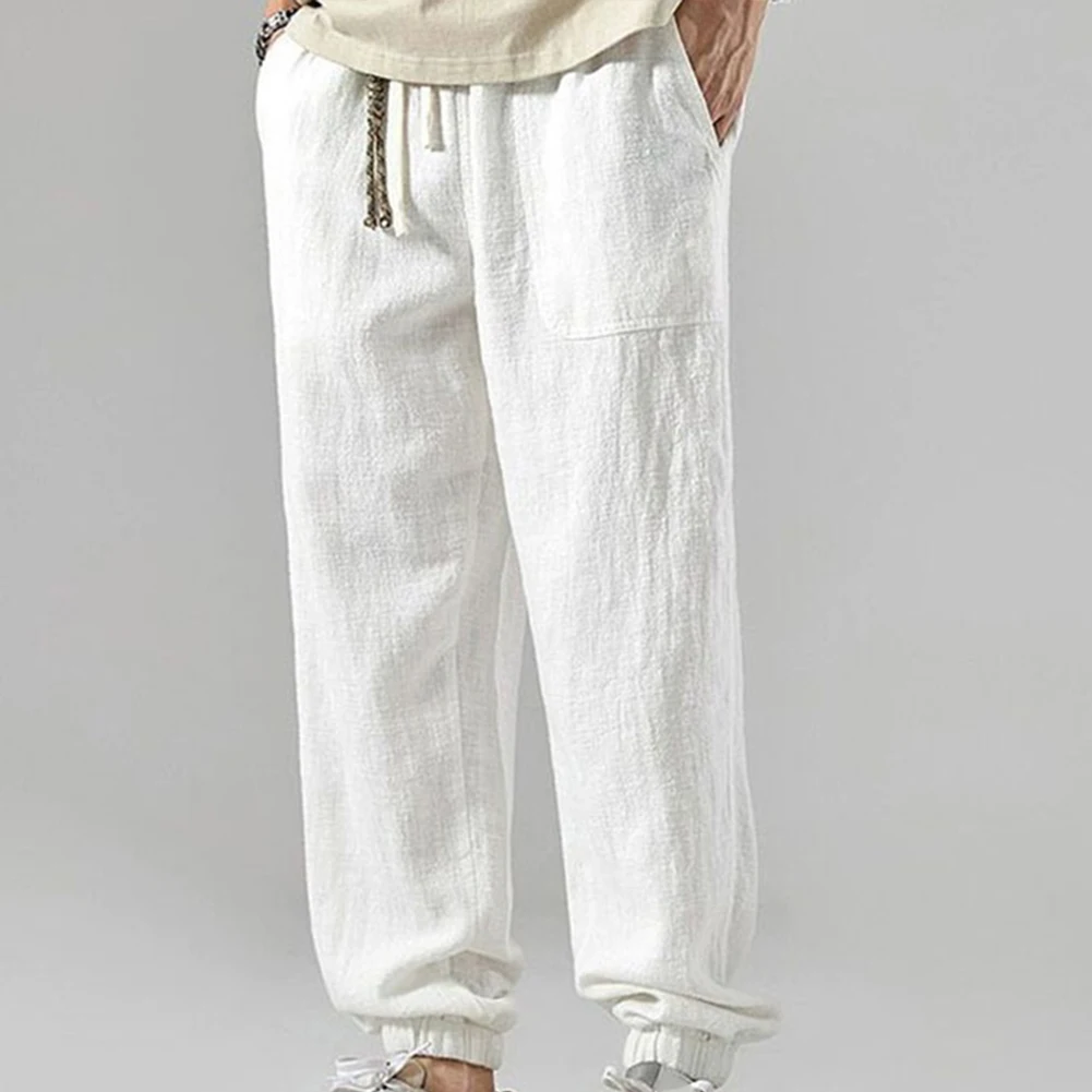 Mens Linen Casual Pants Drape Simple Leggings Thin Trendy Ice Silk Trousers
