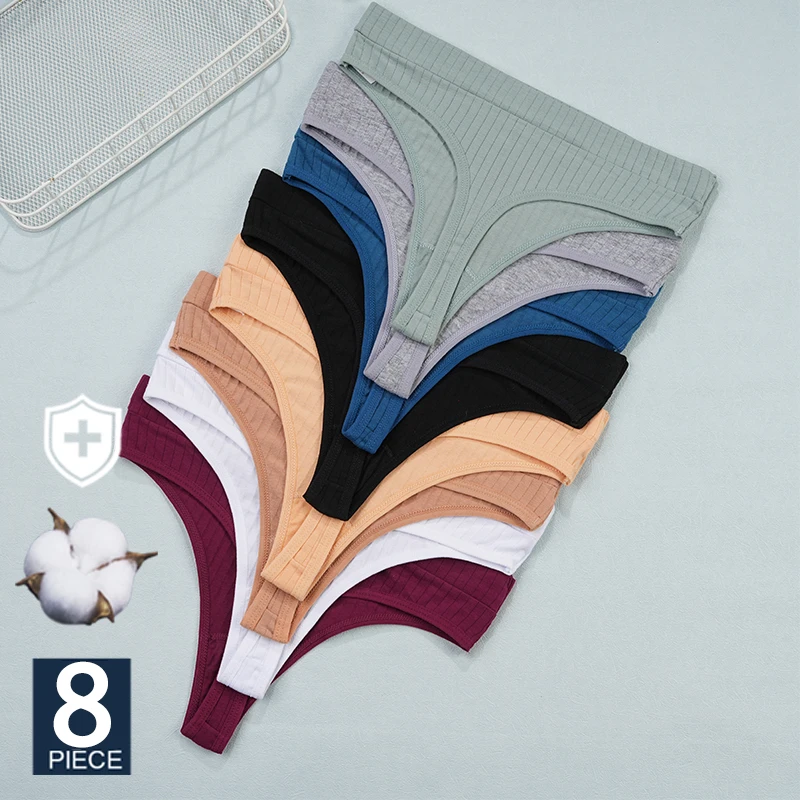 

FINETOO 8Pcs Women Cotton Thongs Female Ribbed Panties Low Rise G-String Ladies Sexy Bikini 8 Solid Color Girl Soft S-L Intimate