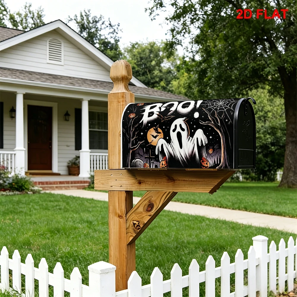Halloween Mailbox Cover, Ghost Pumpkin Bat Print, Haunted House Graveyard Moonlit Theme