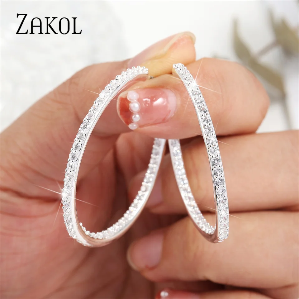 Korean Fashion micropave Zircon Hoop earrings for women exquisite silver color Large C shaped earring Wedding bridal jewelry