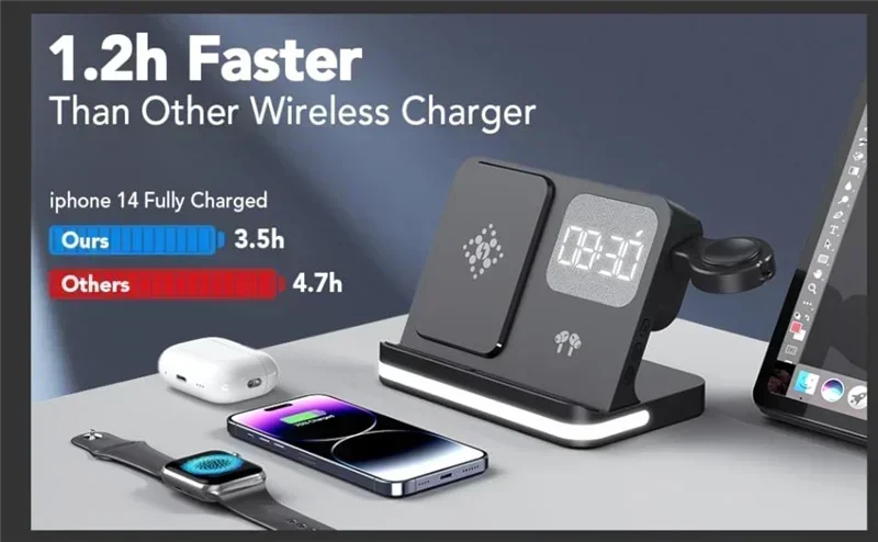 Telefonuhr Drahtloses Ladegerät mit LED-Licht Wecker für iPhone 16/15/14/13/12 Apple Watch 2-10 SE Airpods Pro Schnellladung – Detail 10