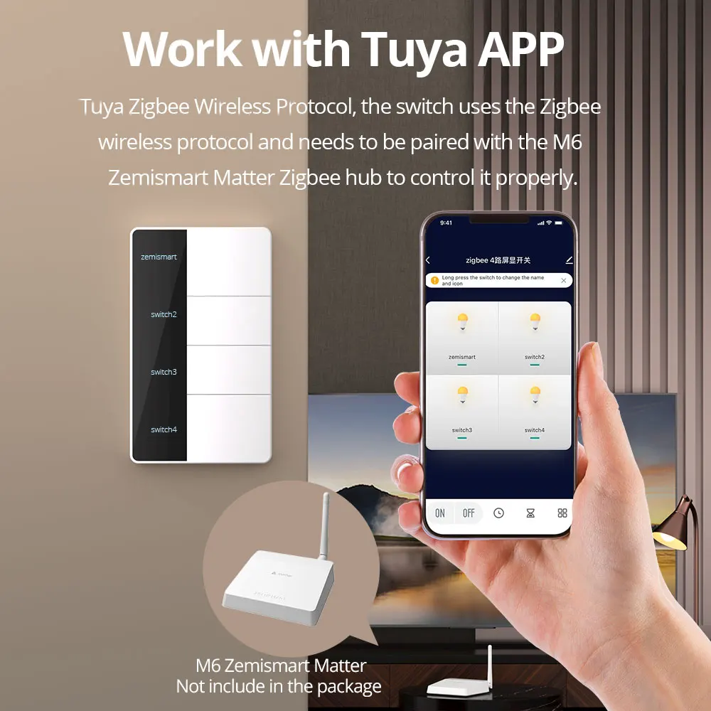 Zigbee diy nome interruptor grande botão de pressão trabalho com tela tuya interruptor de luz parede inteligente alexa google casa controle voz