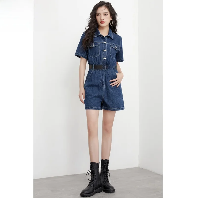 

Deep Blue Denim Overalls Women's Summer Thin Waist-Cinching Sli ort-Sved Slimming Wide Leg Workwear Jumpsuit Trendy