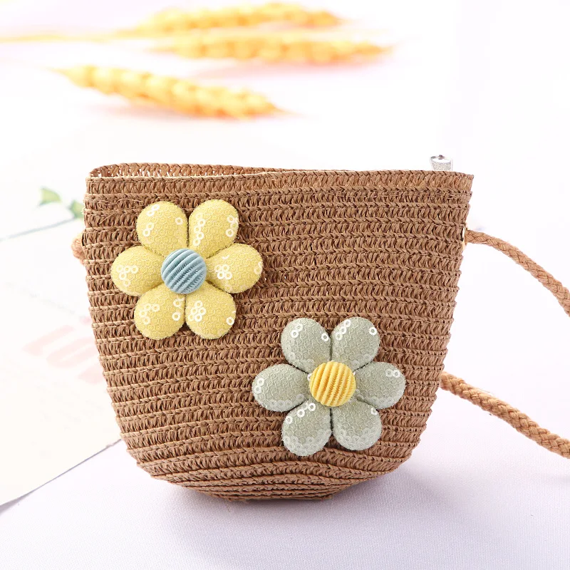 Cute Children\'s Straw Shoulder Bags Flower Baby Girls Small Bucket Crossbody Bag Boys Kids Mini Coin Purse Beach Handbags