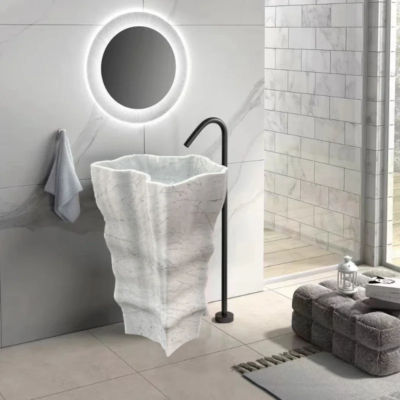 Pillar basin, floor standing marble bathroom, art integrated molding, original stone basin