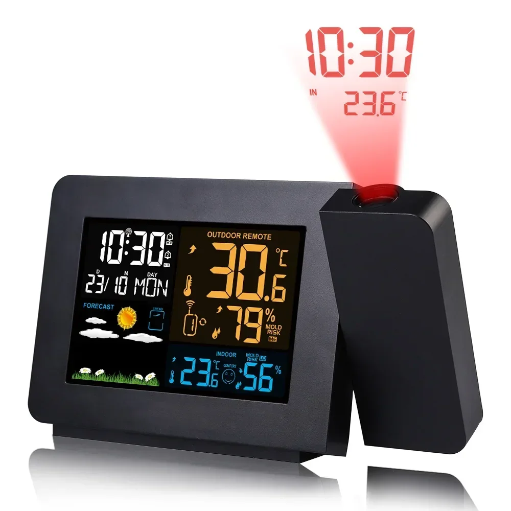 FanJu Weather Station Thermometer Wireles Sensor Multifunctional Projection Clock Color Screen Weather Forecast Electronic Clock