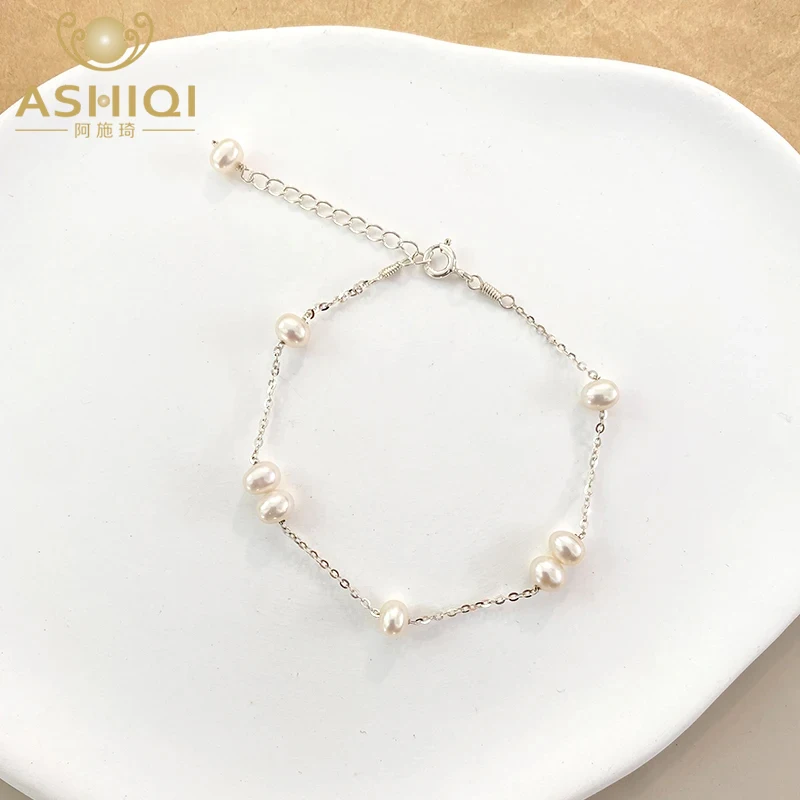 ASHIQI New Fashion Simple Natural Freshwater Pearl 925 Sterling Silver Bracelet for Girl Gifts Wedding  Jewelry