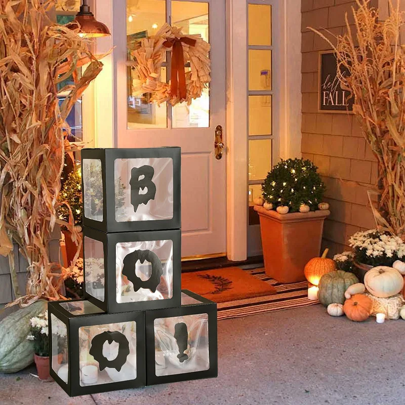

4pcs Black Halloween Transparent Box Ghost Spider Skeleton Pumpkin Pattern Balloon Box DIY Festival Party Halloween Decoration