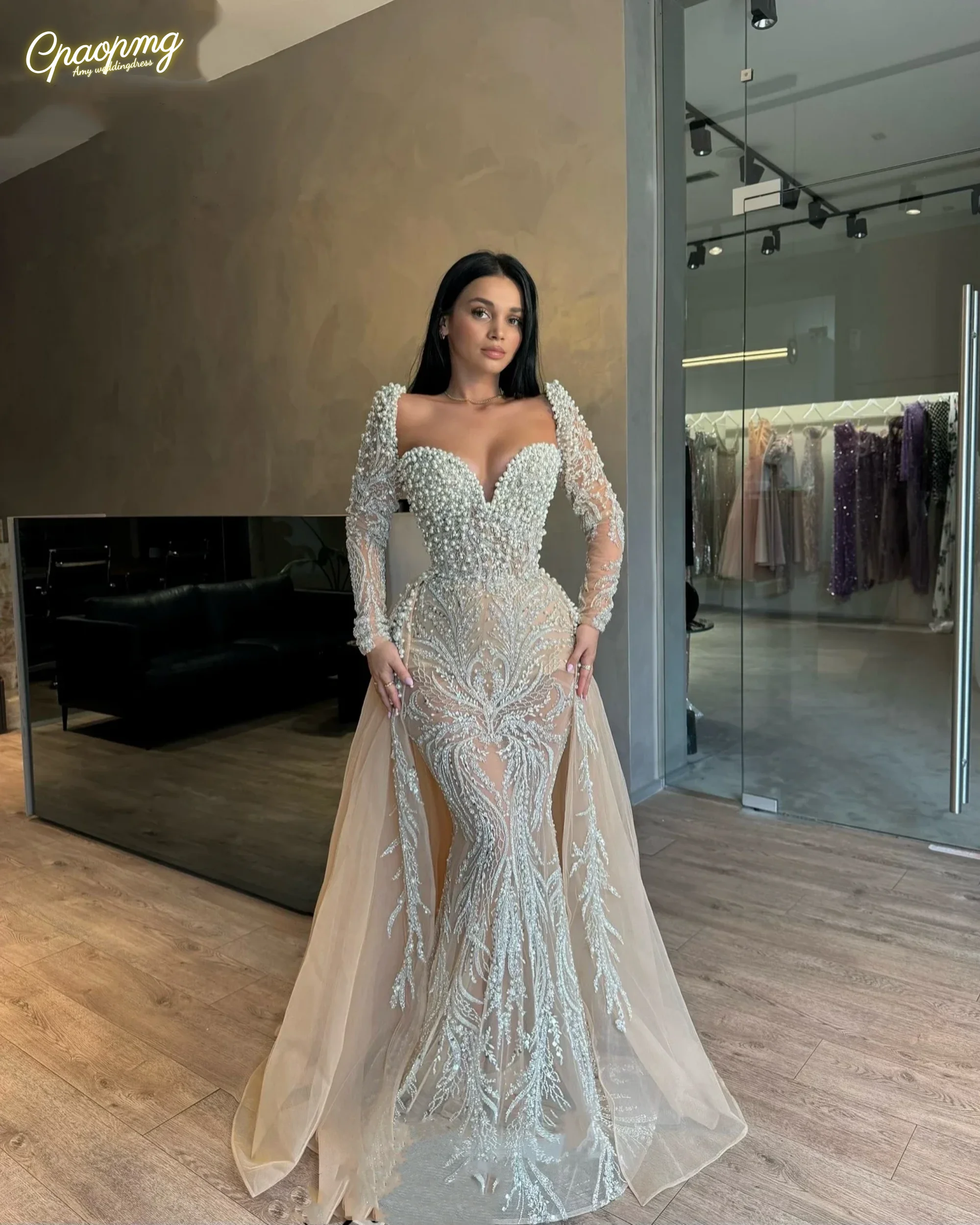 Customized Champagne Shine Pearls Lace Mermaid EveningDresses Long Sleeves Celebrity Gowns Vintage Prom Party Vestidos De Noche
