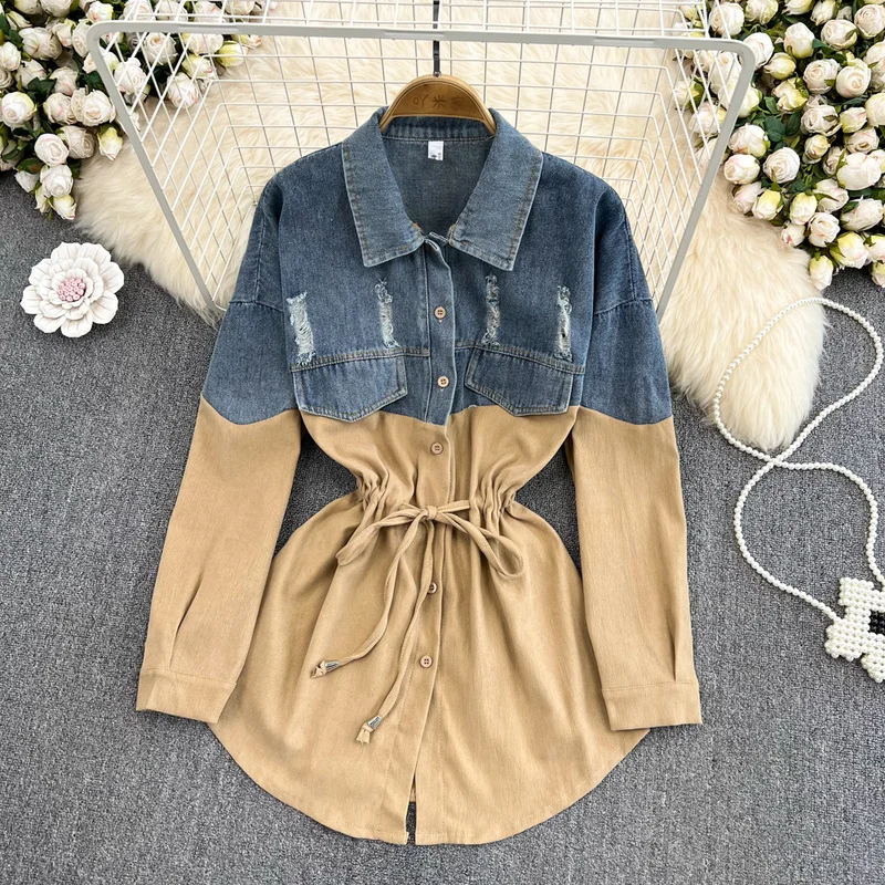 KUSAHIKI Demin Blouse Women 2023 Autumn Hit Color Patchwork Shirts Causal Korean Fashion Drawstring Slim Waist Jeans Blusas