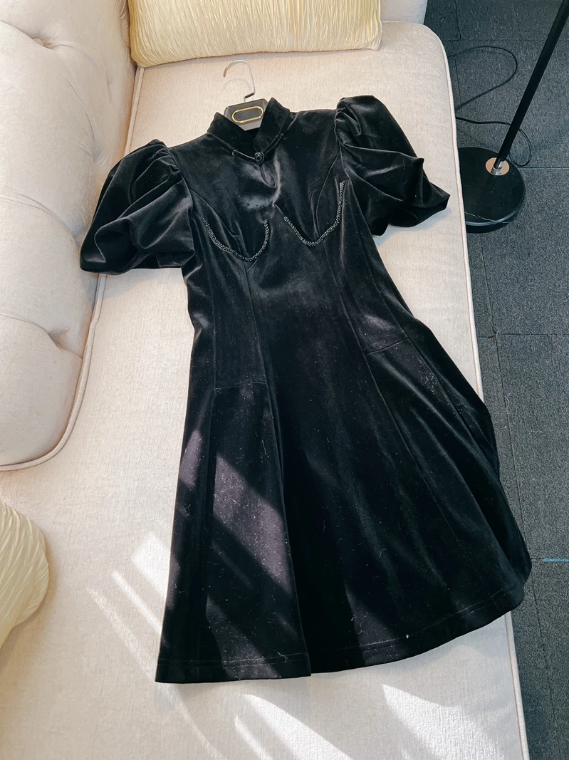 فستان تشيباو مخملي بأكمام منتفخة على الطراز الصيني القديم، أسود، نسخة محسنة بتصميم مصغر، ملابس نسائية أنيقة