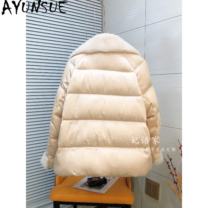 AYUNSUE Women's Down Coats Whole Mink Collar Fur Down Jackets for Woman Embroidered Goose Down Jacket Woman Winter Coats Пуховик