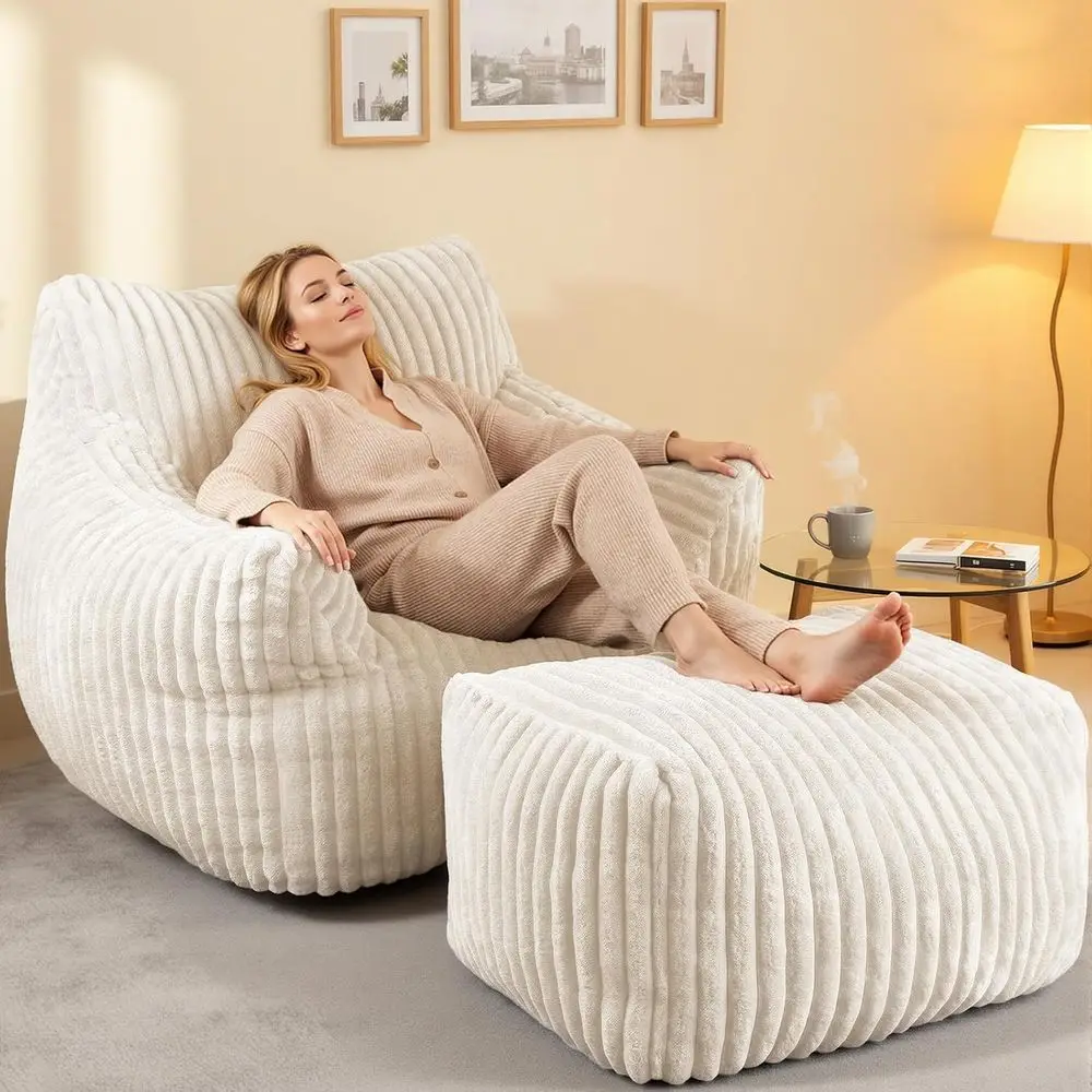 Bean Bag Chair with Ottoman,Oversized Memory Foam Bean Bag Sofa for Adults and Kids,Large Comfy Fluffy Single Lounges Mini Couch