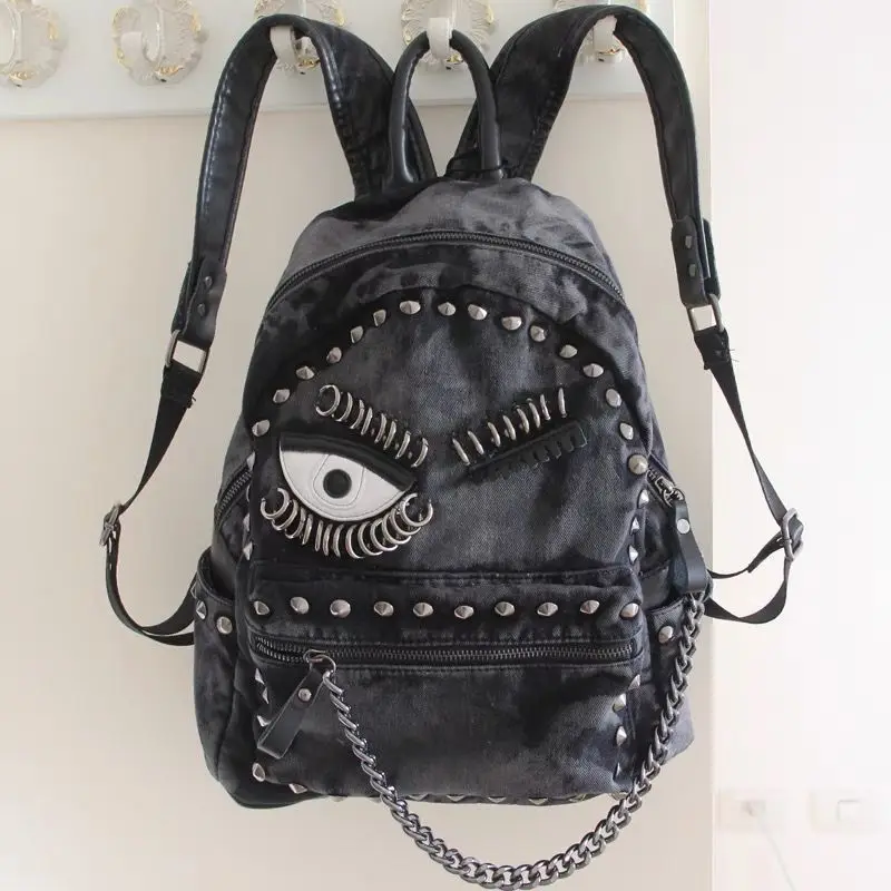 New Rivets Fashion Personality Denim Women Backpack Chains Jeans Shoulder School Bags Girls One Eye Large Capacity Canvas Bag