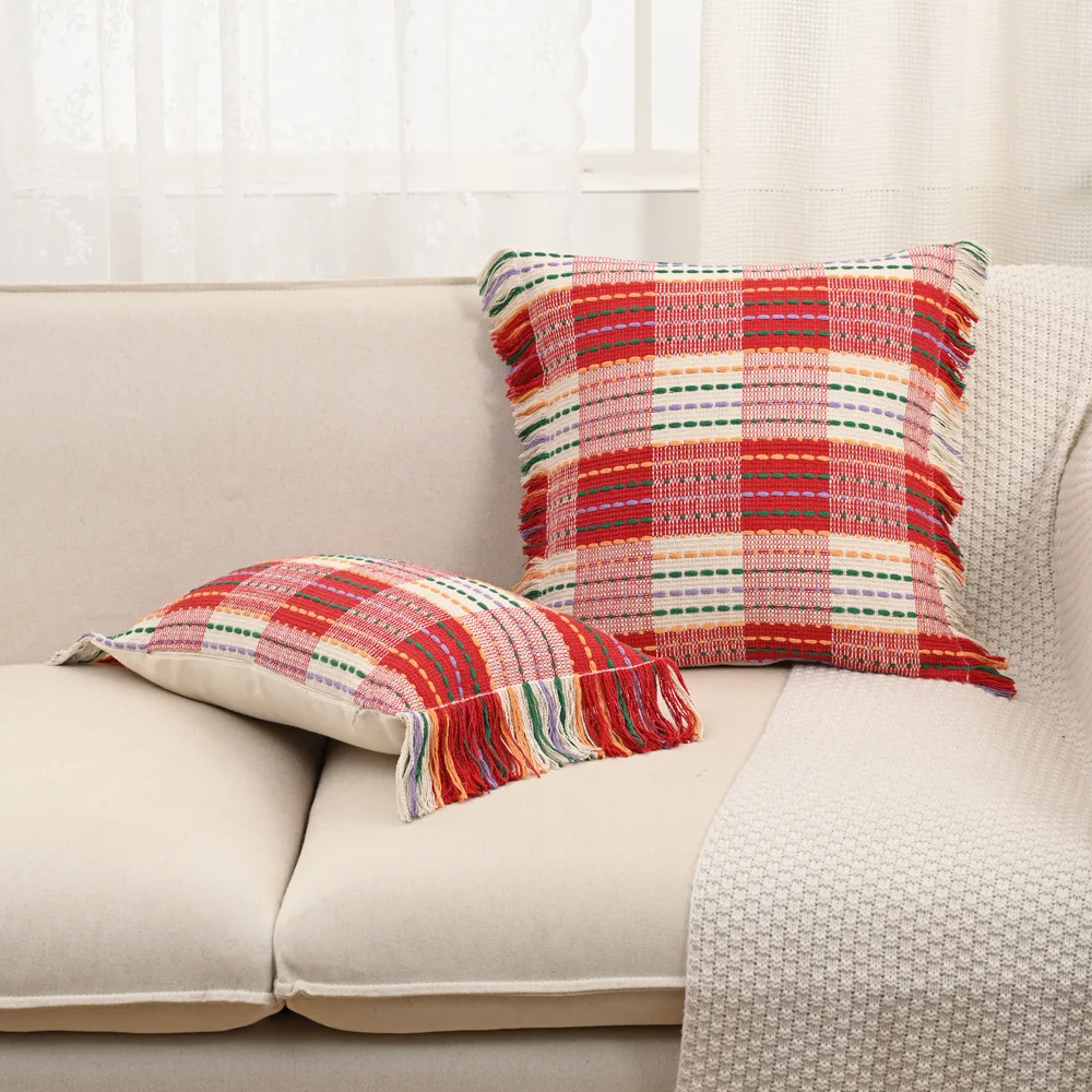 

Christmas Cushion Cover Decorative Red Cotton Linen Yarn-dyed Jacquard Festive Pillowcase Home Christmas Pillow Covers for Sofa