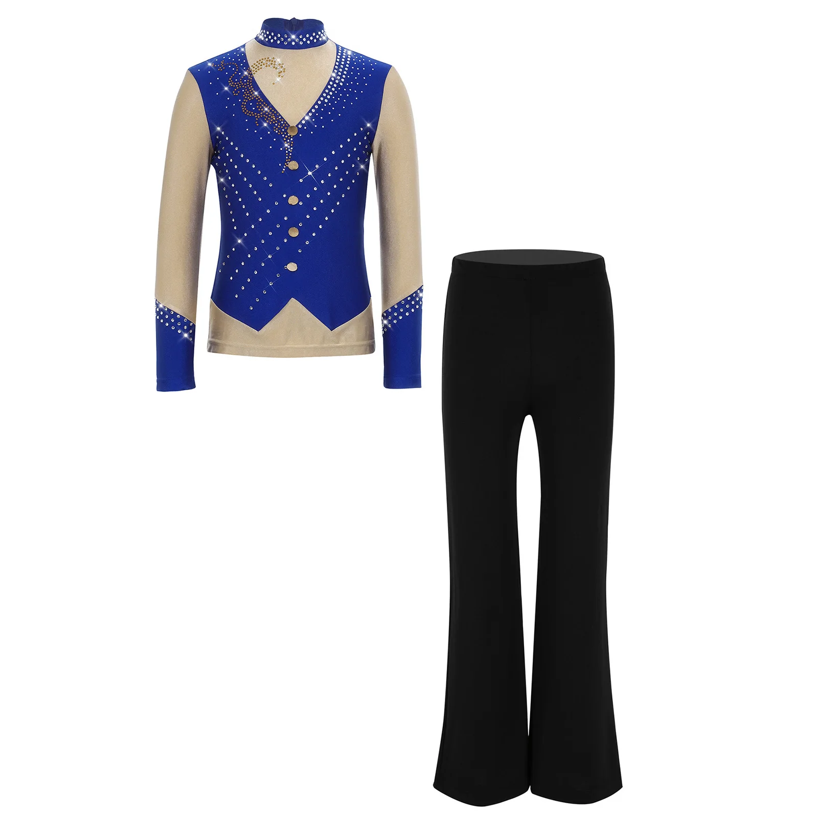 

Kids 2Pcs Latin Dance Costumes Boys Figure Skating Performance Dance Outfits Sparkly Rhinestones Top and Stretchy Boot Cut Pants