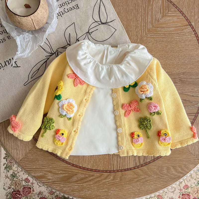 Autumn Newborn Girls Cardigan Sweater Coat Infant Girls Long Sleeve Handmade Flower Top Toddler Baby Girl Clothes Appliques Coat