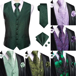 Gravata de colete de seda verde escuro para homens, elegante vestido sólido, jaqueta sem mangas, abotoadura Hanky, colete paisley, presente de casamento, 4 PCs