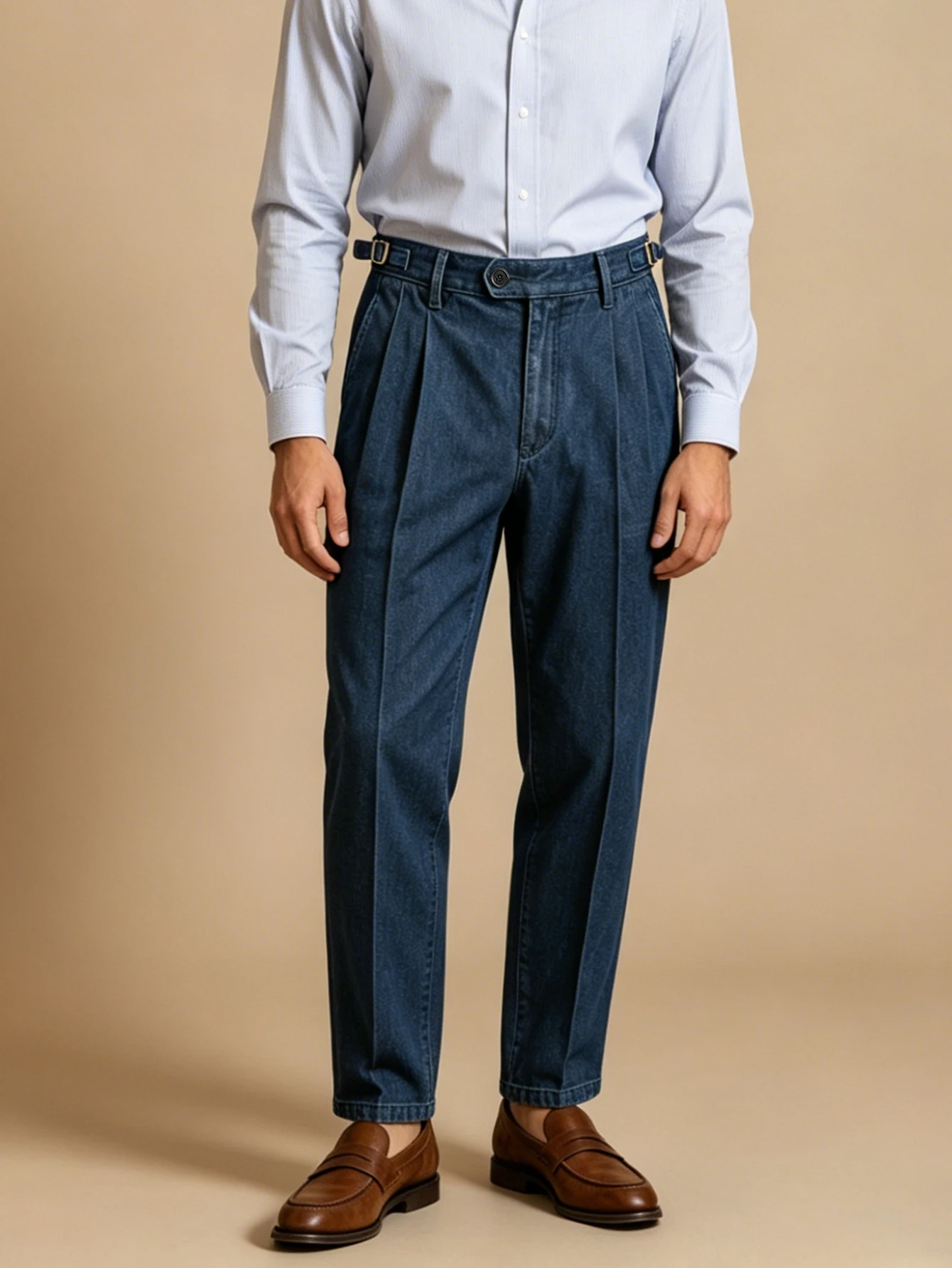 .2026 SS Men's Neapolitan Suit Pants, Denim Style Woven Double Pleat Paris Buckle High Waist Straight Leg Business Casual Pants