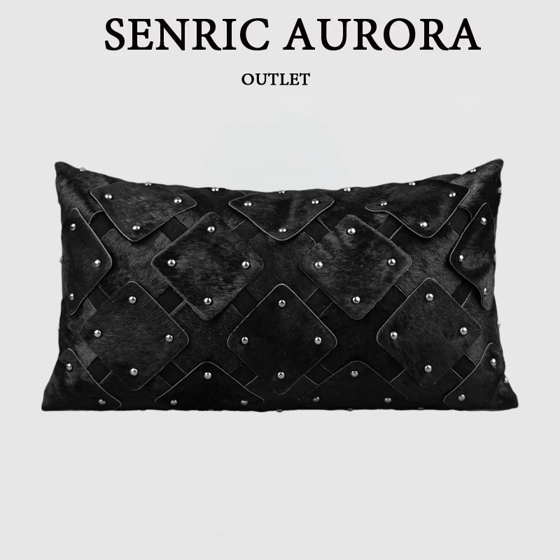 

Дизайнерский роскошный чехол для подушки 30x50 см, черный натуральный воловьей кожи, конский волос, заклепка, сращенная поясная наволочка для дома, отеля, кровати, дивана