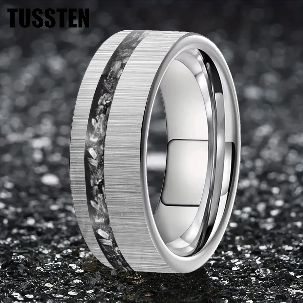 TUSSTEN 6/8MM Men's and Women's Wedding Ring With Meteorite Fragments Inset in the Offset groove for a Comfortable Fit