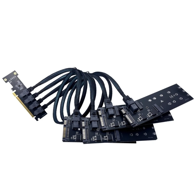4 Port SFF-8643 to PCIE Storage Expansion with Four Cable-to-Board Branches, Host Card, Four Data Cables, and Four H8WD