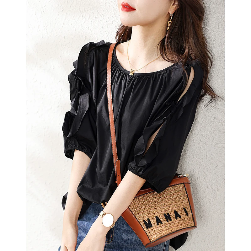 Fashion O-Neck Folds Hollow Out Butterfly Sleeve Blouses Women's Clothing 2024 Summer New Loose Korean Tops Office Lady Shirts