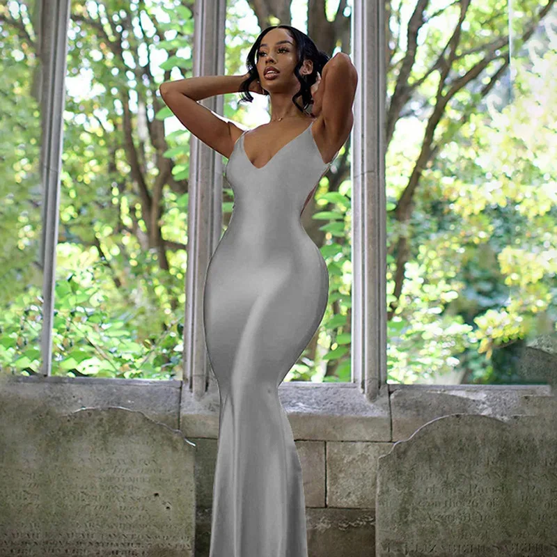 Elegancka damska suknia wieczorowa bez pleców, z zakładkami, dekoltem w szpic, bankietowa