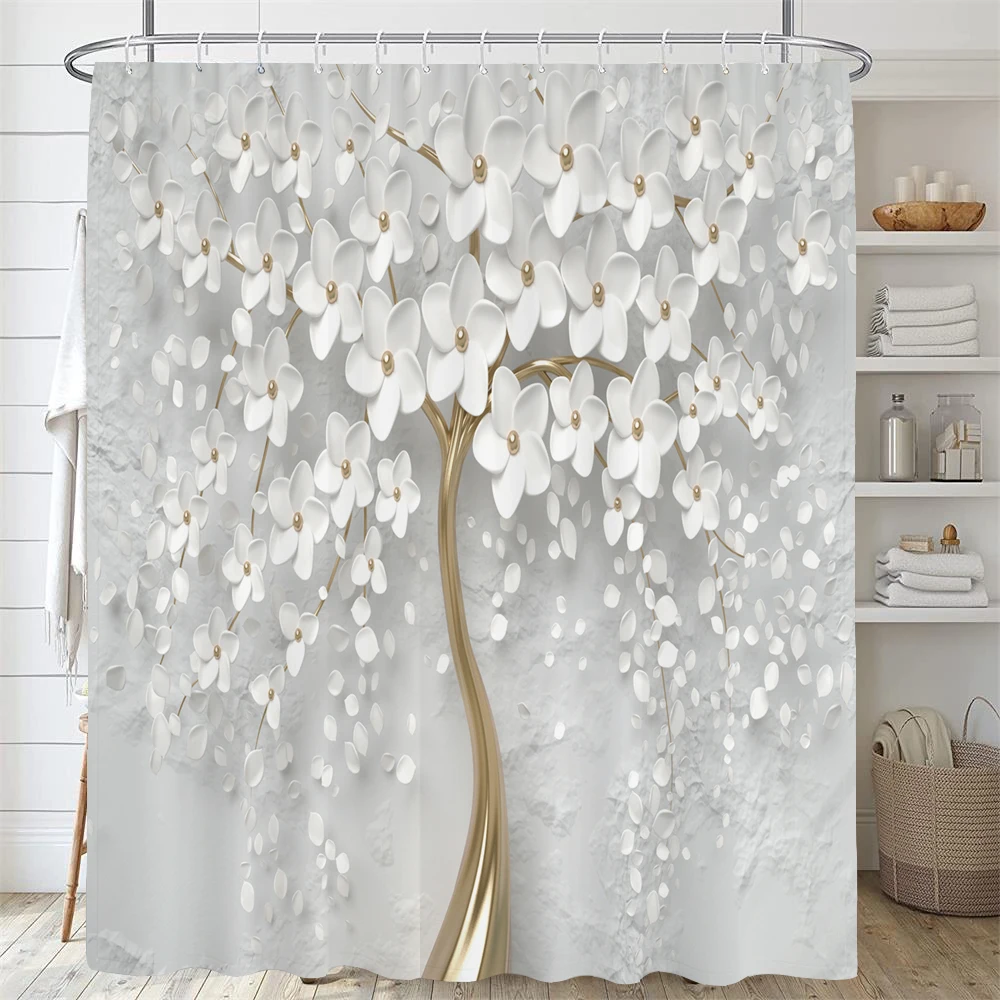 Nordic Minimalist Art White Flowers Print Shower Curtains Boho Floral Morden Bathroom Bathtub Curtain Room Decor With Hooks