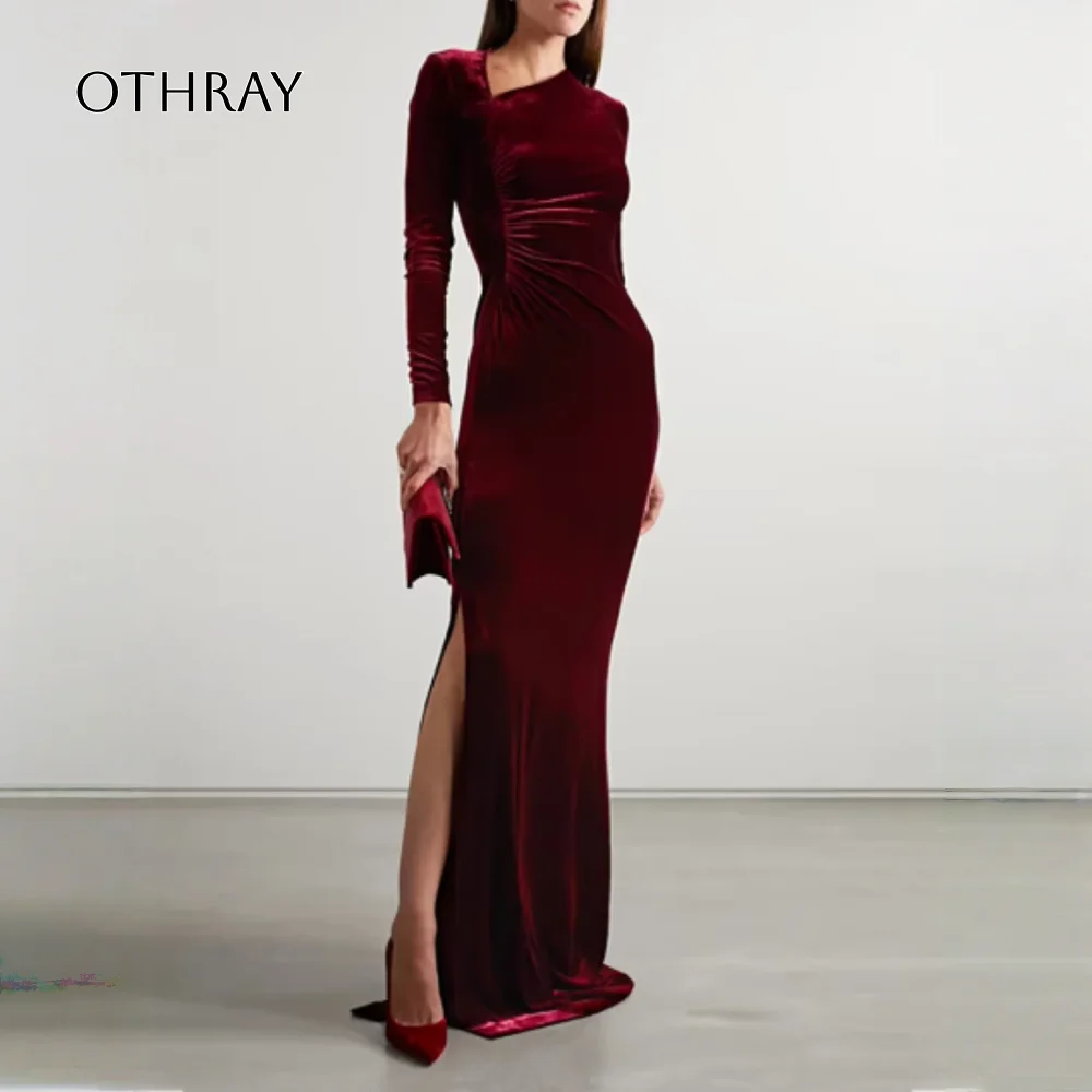 

Irregular Collar Long Sleeve Velvet Medium Strech Split Party Dresses Autumn New Women Fashion Evening Dress فساتين منا